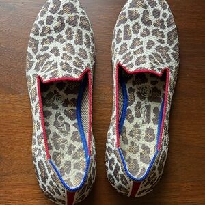 Rothy's Leopard Print Slip-Ons with Red and Blue Trim